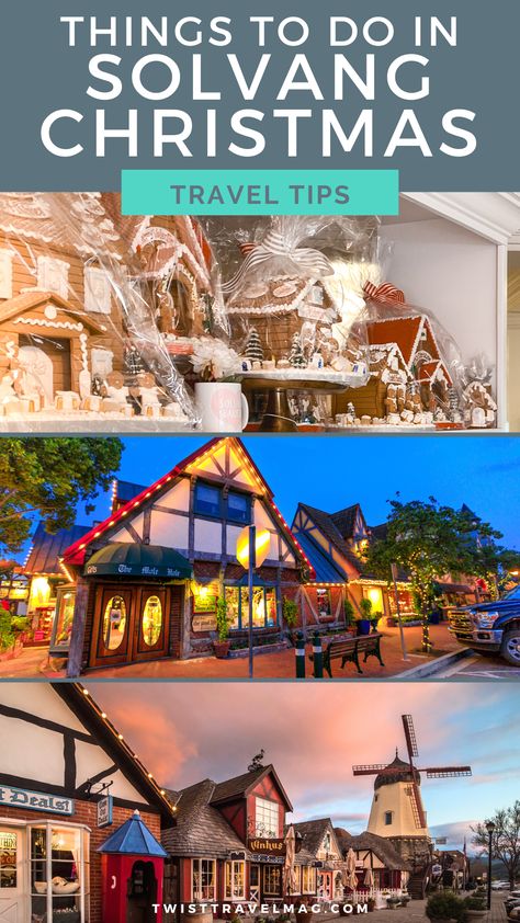 Gingerbread, Christmas lights and windmill in Solvang Christmas Things To Do In Solvang California, Carmel By The Sea Christmas, Solvang California Things To Do In, Solvang California Christmas, Solvang Christmas, Cali Christmas, Christmas In California, Christmas California, Solvang Bakery