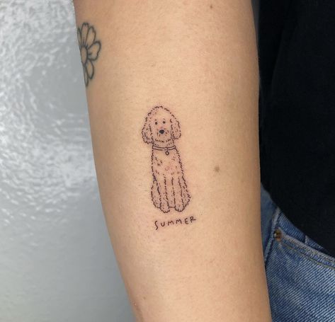 Dog Playing Tattoo, Curly Dog Tattoo, Funky Stick And Poke, Dog Illustration Tattoo, Aesthetic Dog Tattoo Ideas, Dog Stuffed Animal Tattoo, Dog Stamp Tattoo, Bernedoodle Tattoo, Dainty Pet Tattoos