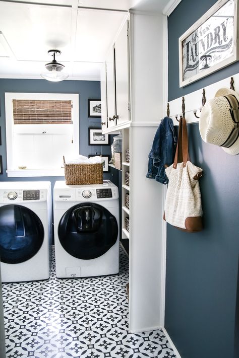 High Contrast Laundry Room Makeover Reveal - Bless'er House Laundry Room Paint, Laundry Room Decorating, Laundry Room Tile, Blue Laundry Rooms, Laundry Room Storage Shelves, Small Laundry Room Organization, Room Storage Diy, Farmhouse Laundry Room, Laundry Room Cabinets