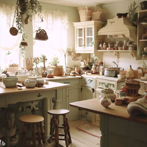 Cute Kitchen Cottage Core, Cottagecore House Kitchen, Ivy Kitchen Decor, Fairytale Kitchen Aesthetic, Nature Theme Kitchen, Cottage Interior Aesthetic, Cottagecore Aesthetic Dining Room, Modern Cottagecore Kitchen, Light Academia Kitchen Aesthetic