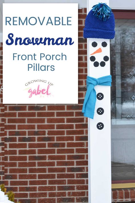 Dress up your front porch with snowman front porch pillars using Cricut removable vinyl. Use on permanent pillars or use primed wood to make your own removable snowmen. Porch Pillars Christmas Decorations, Porch Post Ideas Columns, Outdoor Pillar Christmas Decorations, Christmas Column Decor, Christmas Columns Outdoor, Porch Post Ideas, Front Porch Pillars, Silver Holiday Decor, Pillar Decor