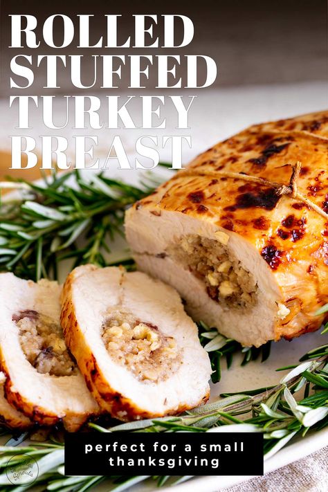 This Rolled Stuffed Turkey Breast, also known as a Turkey Roulade, is a beautiful centerpiece for a smaller Thanksgiving or Christmas meal. Juicy, easy to make, and quicker to cook than a traditional turkey, this stuffed turkey breast will feed 6-8 people. If you're looking for a show-stopping holiday dish, look no further than rolled stuffed turkey breast. This elegant main is sure to impress your guests and is much easier to make than it looks. Rolled Turkey Breast, Cooking A Stuffed Turkey, Rolled Turkey, Turkey Breast Recipes, Stuffed Turkey Breast, Oven Roasted Turkey Breast, Onion Stuffing, Turkey Rolls, Turkey Roulade