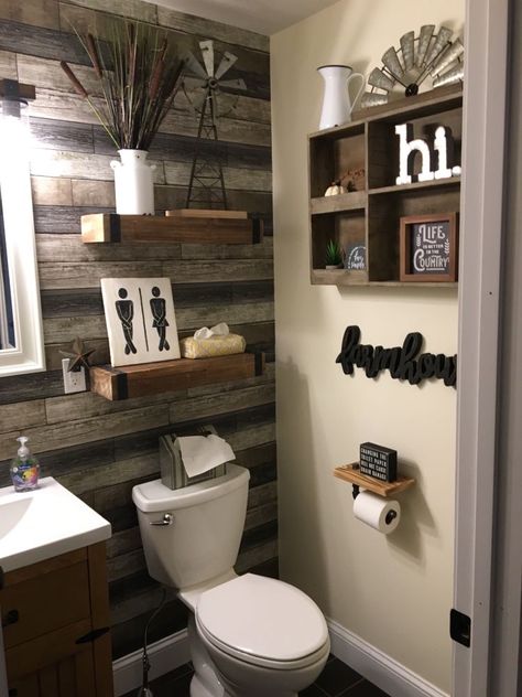 Small Industrial Farmhouse Bathroom, Bathroom Sealing Ideas, Farmhouse Bathroom Colors Scheme, Small Restroom Ideas, Rustic Half Bathroom Ideas, Rustic Home Decor Bathroom, Basement Bathrooms, Restroom Ideas, Rustic Powder Room