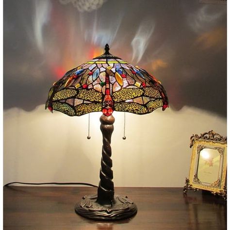 Tiffany Style Dragonfly Design 2-light Dark Antique Bronze Table Lamp - On Sale - Bed Bath & Beyond - 8547366 Stairs Stained, Cozy Decor Living Room, Books Stairs, Earth Princess, Items For Room, Plant Person, Stained Glass Table, Stained Glass Table Lamps, Thrifted Decor