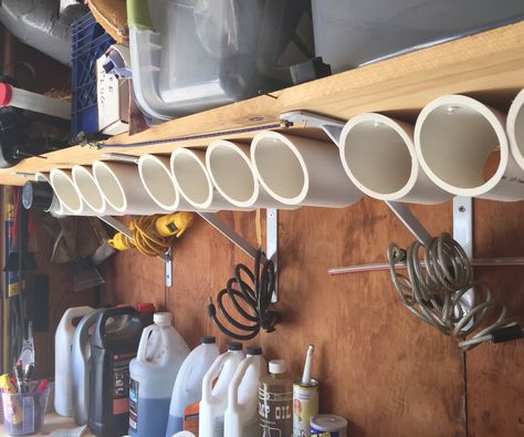 Needed under shelf storage for paint cans, WD-40, etc. Spray Can Storage Ideas, Paint Storage Diy, Pvc Pipe Storage, Spray Paint Storage, Workshop Hacks, Glow Projects, Under Shelf Storage, Spray Paint Can, Paint Rack