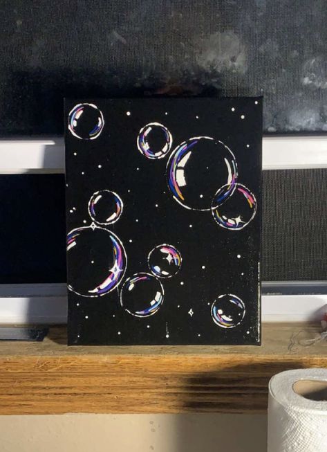 Bubbles On Black Paper, Things To Paint On Black Canvas, Black Acrylic Painting, Black Background Painting, Bubble Drawing, Mini Toile, Black Canvas Paintings, Bubble Painting, Canvas Drawing