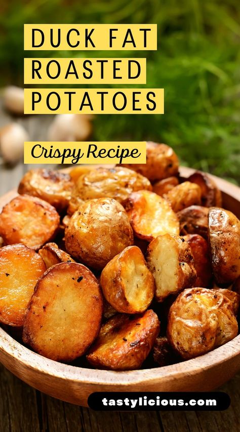 Roasted Duck Fat Potatoes Recipe | duck fat potatoes recipes | duck fat potatoes air fryer | Duck Fat Roasted Potatoes | Duck Fat-Roasted Potatoes Recipe | How to roast potatoes in duck fat | best duck fat roasted potatoes | Duck-fat potatoes Duck Fat Roasted Potatoes Recipe, Crispy Duck Fat Potatoes, Goose Fat Recipes, Duck Fat Roast Potatoes, English Roast Potatoes, Sides For Duck Dinner, Duck Side Dishes, Duck Fat Uses, Duck Fat Potatoes Recipes