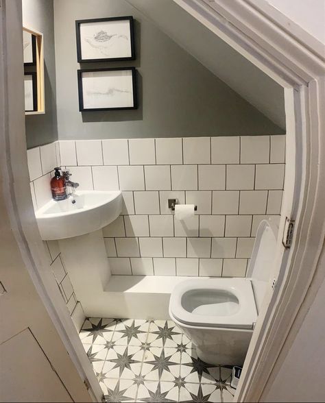 Small Attic Powder Room, Small Toilet With Shower Design, Small Triangle Bathroom Ideas, Toilet Under The Stairs Small Spaces, Under Stair Wc Ideas, Loo Under The Stairs, Small Cloak Room Ideas, Half Bathroom Under Stairs Decor, Toilet Under Stairs Ideas Downstairs Loo