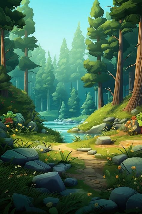 Green Forest Illustration, Cartoon Forest Background Illustrations, Forest Images Landscapes, Illustration Art Forest, Forest Background Drawing Reference, Forest Landscape Illustration, Woodland Scene Illustration, Cute Forest Background, How To Draw Forest