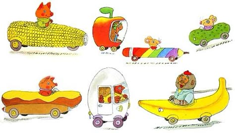 Richard Scarry's Cars & Trucks & Things That go has so many great characters like Goldbug, Dingo, Lowly Worm and Flossy!  How can you not love a book that includes a pickle car. Richard Scary, Busy Town, Richard Scarry, Childhood Books, Children's Book Illustrations, Childhood Nostalgia, Childrens Illustrations, Book Illustrations, Kids Books