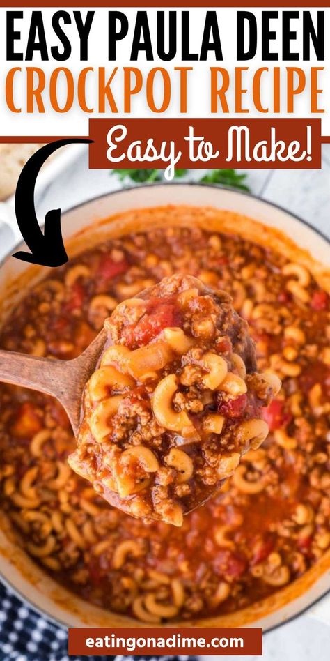 Paula Deen's Goulash is the ultimate comfort food to feed a large crowd. It is loaded with flavor and made with simple ingredients. This classic and delicious comfort food is perfect for an easy weeknight meal. All the ingredients cook easily in a large Dutch Oven for a delicious southern goulash recipe. #eatingonadime #pauladeensgoulash #goulash Golashes Recipes, Goolosh Recipe, Southern Goulash, Crockpot Goulash Recipe, Best Goulash Recipes, Ground Beef Crockpot Recipes, Easy Goulash Recipes, Goulash Recipe, Paula Deen Recipes