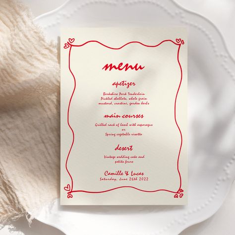 Introducing our Retro Handwritten Whimsical Red Wedding Menu, a delightful addition to your wedding reception. Designed to complement our Retro Handwritten Whimsical Red Wedding theme, this menu card adds a playful and vintage-inspired touch to your table settings.  The handwritten design on the menu exudes charm and personality, inviting your guests to savor the culinary delights of your special day. The whimsical red color palette adds a pop of color and sets the tone for a fun and festive cel Custom Menu Design, Red Table Setting Wedding, Handwritten Menu Wedding, Dinner Party Menu Card, Wedding Menu Ideas Design, Wine Color Wedding Theme, Diner Party Theme, Christmas Menu Card, Red Table Settings