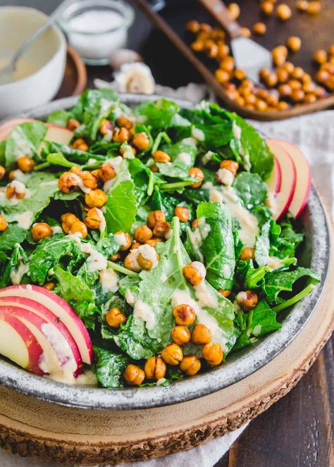 The Best Baby Kale Salad Recipe - With Roasted Chickpeas & Apples Baby Kale Salad Recipes, Baby Kale Recipes, Kale Salad Dressing, Baby Kale Salad, Kale Feta, Bbq Chickpeas, Chickpea Recipes Roasted, Cherries Salad, Kale Salad Recipes