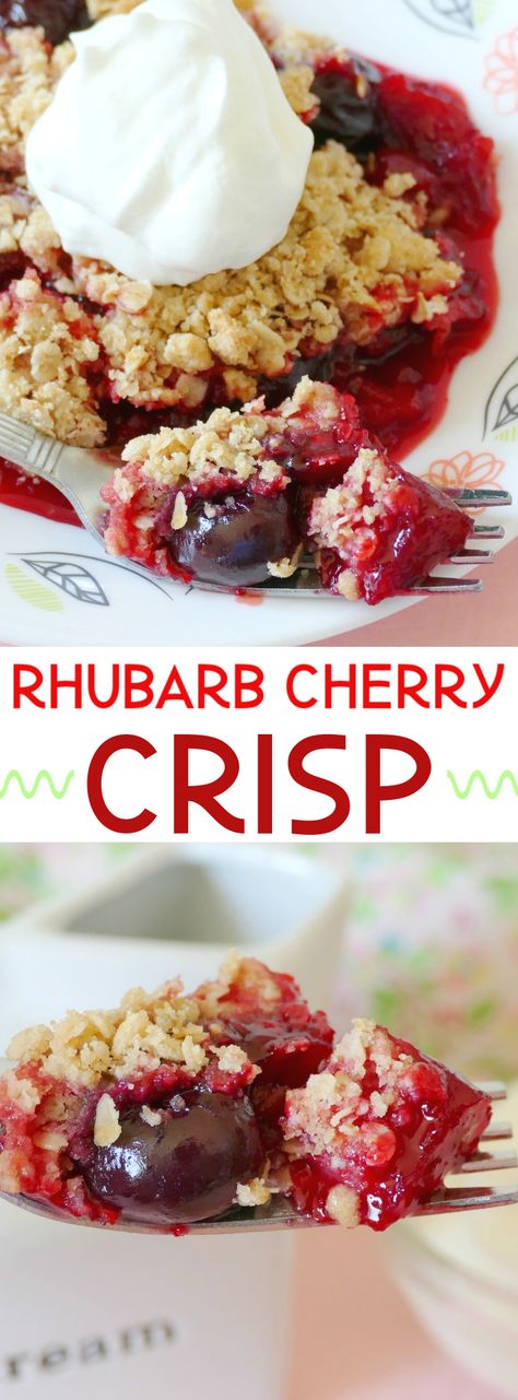 This heavenly spring and summer dessert has delicious chunks of rhubarb and whole sweet cherries to go with the oatmeal crisp topping! It's unique, easy to make and a family favorite! Top with whipped cream or ice cream for an extra treat! Try using different fruit and jello combos with the rhubarb for a new twist every time! Cherry Rhubarb, Rhubarb Rhubarb, Oatmeal Crisp, Breakfast Desserts, Easy Homemade Biscuits, Crisp Topping, Crisp Desserts, Easy Homemade Desserts, Desserts Fruit