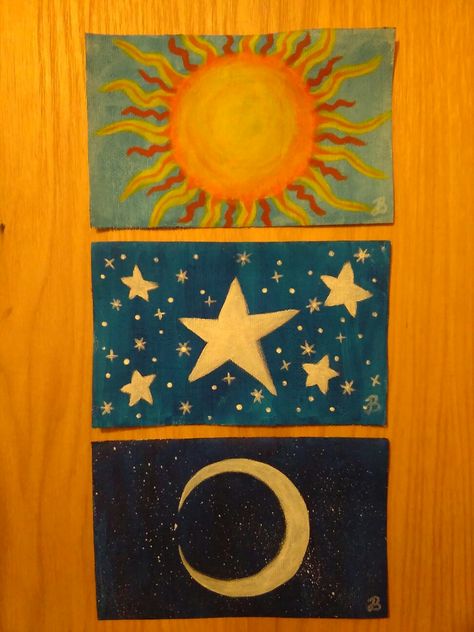 Sun Moon Stars Painting, Sun Moon Painting Easy, Trio Canvas Painting Ideas, Trio Painting Ideas, Tarot Lessons, Star Painting, Stars Moon, Moon Painting, Sun Moon Stars