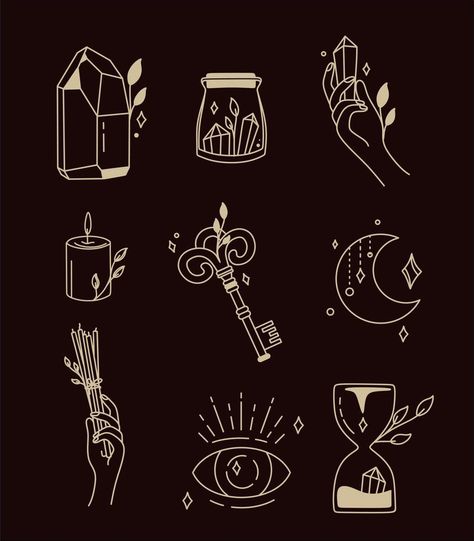 Magical symbols set of doodles esoteric boho mystical hand-drawn elements stone crystals. In gold color on a black background. Magical vector elements Geometrical Prints, Magical Symbols, Mystical Elements, Vector Landscape, Hand Symbols, Vector Elements, Geometric Print, Black Background, Black Backgrounds