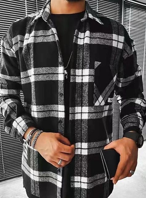 Mens Outerwear Fashion, Casual Long Sleeve Shirts, Denim Jacket Men, Streetwear Men Outfits, Street Outfit, Warm Jacket, Pocket Shirt, Long Sleeve Plaid, Sleeve Jacket