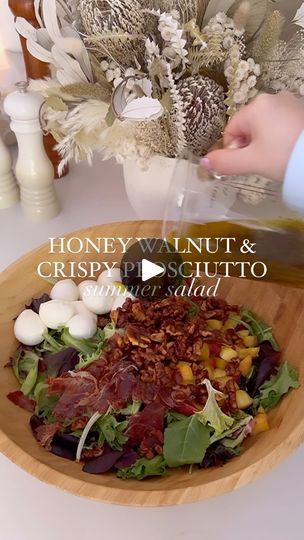 167K views · 5.5K reactions | honey walnut & crispy prosciutto summer salad by @everything_delish 🥬✨ very exciting news - my new website has officially launched after months in the making! now you can find all of my recipes on my new site and I’m so excited about it! there’s also going to be a NEW newsletter - so make sure you subscribe for exclusive new recipes, news and giveaways! My new site & this recipe are linked in my bio 😊 

Crispy Prosciutto & Honey Walnut Summer Salad with a Garlicky Honey Mustard Dressing
Serves 4 

Ingredients 

SALAD
2 cups romaine lettuce
6-8 slices prosciutto
1 cup boccocini
2 peaches, diced
1 handful fresh basil, torn
HONEY TOASTED WALNUTS
1 cup walnuts
1 tbsp olive oil
2 tbsp honey
salt & black pepper
GARLICKY HONEY MUSTARD DRESSING
2 garlic cloves, minc Fancy Salads, Crispy Prosciutto, Paleo Salads, Honey Walnut, Honey Mustard Dressing, Summer Recipes Dinner, Walnut Salad, Mustard Dressing, Summer Salad Recipes