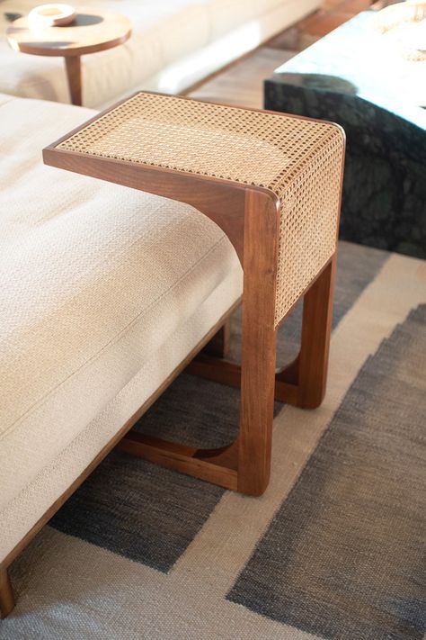 wood side table with woven cane detail Rattan Wood Furniture, Cane Tables, Cane Side Table, Woven Furniture Design, Cane Decor, New Classic Design, Canes Decor, Cane Furniture, Woven Furniture