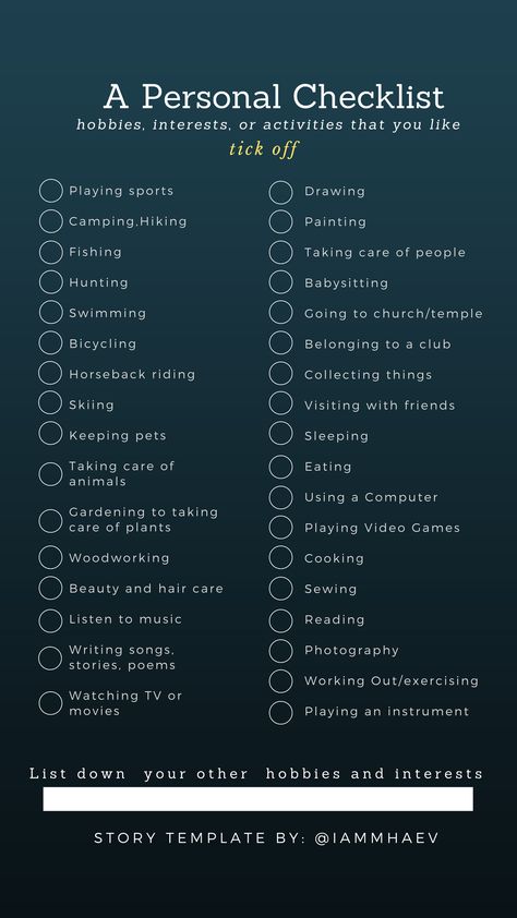 Personal Checklist (hobbies,interest) Instagram Story Templates Click To Download Free Template #instagram #Instagramtemplate #template #stroy #instagrampost Check Only What You Did This Year List 2023, Personal Interests List, 2023 Checklist Instagram Story, Personality Checklist, Interests And Hobbies List, Instagram Story Games, Life Goals List, Instagram Story Questions, Instagram Questions