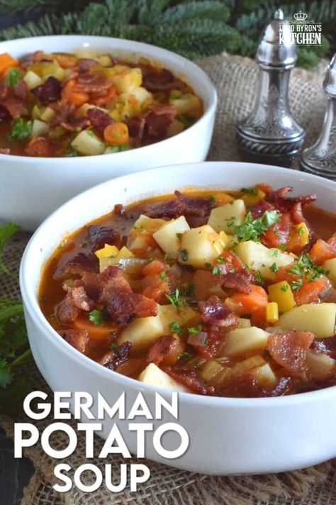 German Potato Soup starts off with bacon, which is a great start to any recipe! Loaded with lots of root vegetables like onions, potatoes, celery root, and carrots, this soup also has leeks, which is a wonderful addition to any soup! Hearty and filling, this soup recipe is certainly a keeper! #soup #german #bacon Potpie Soup, German Potato Soup, Riblets Recipe, Pork Riblets, Chicken Rotisserie, Soup Hearty, Bread Chicken, Ribs Bbq, German Food Authentic