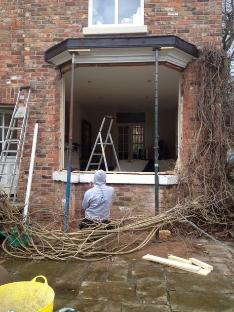 Bay Window To French Doors, French Bay Window, Victorian Bay Window, Bay Window Exterior, Old French Doors, Hinged Patio Doors, Door Makeover Diy, Diy Construction, Exterior Houses