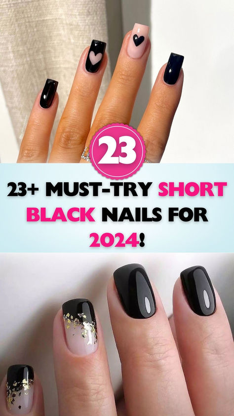 Discover the elegance of short black nails! This 2024 trend guide offers styles from matte finishes to intricate designs, perfect for any occasion. Pin it now for your next stylish nail inspiration! Black Nail Polish Ideas Simple, Black Nails Gel Design, Black Tip Nails With Heart, Black Accent Nail Designs, Blush And Black Nails, Dark Square Nail Designs, Nails For Black Dress Wedding, Black Chrome Nails Designs Short, Short Black Gel Nails Ideas