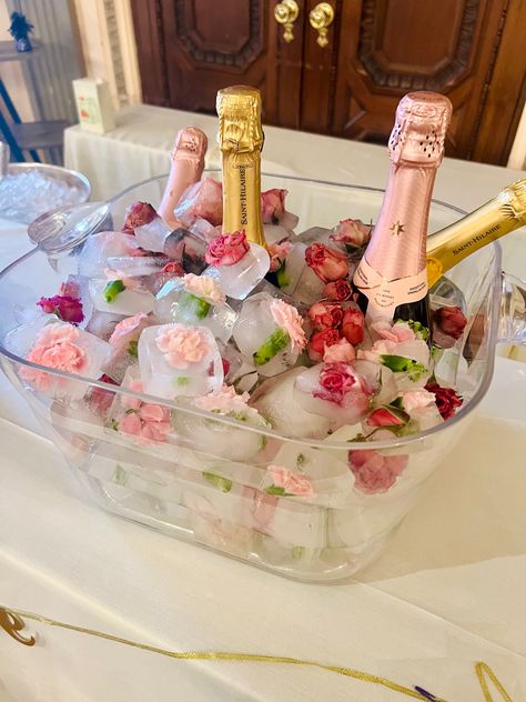 Champagne Bucket Ideas, Valentine Dinner Party, Birthday 20, Bucket Ideas, Floral Ice, Birthday Dinner Party, Galentines Party, Champagne Bucket, Valentine Dinner