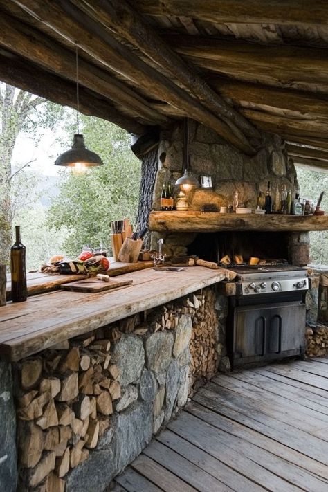 Outdoor Kitchen Ideas Rustic, Cheap Outdoor Kitchen Ideas, Kitchen Ideas Rustic, Mountain House Decor, Bbq Shed, Fire Pit Seating Area, Grill Island, Dirty Kitchen, Outdoor Cart