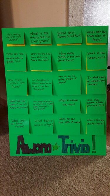 Awana trivia board for registration table Awana Truth And Training, Awana Awards Night Ideas, Awana Sparks Bulletin Board Ideas, Awana Sparks Lessons, Awana Cubbies Crafts, Cubbies Crafts Awana, Awana Games, Trivia Board, Awana Crafts