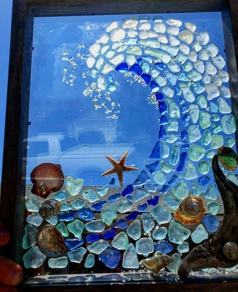 Sea Glass Art | Hi to all my new seaglass family members,  thank you for adding me | Facebook Seaglass Window, Seaglass Art Ideas, Sea Glass Window Art, Mosaic Beach, Sea Glass Window, Seaglass Art, Glass Window Art, Beach Glass Art, Driftwood Crafts