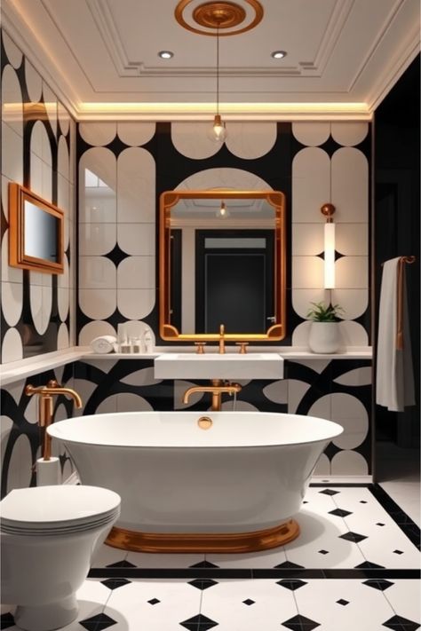 Art Deco bathroom design Mosaic Art Deco Bathroom, Modern Bold Bathroom, Art Deco Floors, Art Deco Interior Design Modern, Art Deco Modern Interior, Art Deco Powder Room, Deco Bathroom Ideas, Art Deco Bathroom Ideas, Modern Art Deco Bathroom