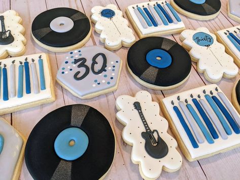 Blue Sky Sweets, LLC on Instagram: “30th Birthday cookies for a musician who loves his vinyl collection! 🎸🎶💿🥳 .... #30thbirthday #30 #thirty #30thbirthdaycookies…” Record Cookies Decorated, Birthday Cookies, 30th Birthday, Vinyl Records, Cookie Decorating, Blue Sky, Love Him, Fathers Day, Musician