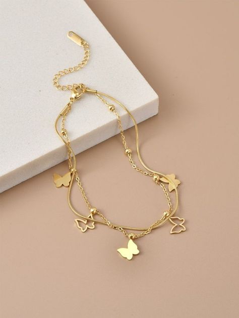 Braslet For Women's, Gold Butterfly Jewelry Set, Bracelets Designs For Women, Minimalist Accessories Jewellery, Customized Bracelets, Butterfly Jewellery, قلادات متدلية, Anklet Designs, Pretty Jewelry Necklaces