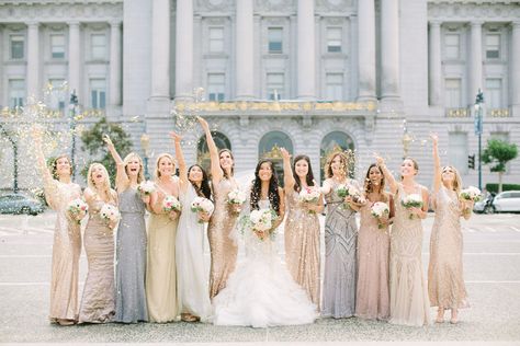 mix and match bridesmaids in sequin beaded mixed metallic gowns | silver champagne rose gold bridesmaid dresses | Glam San Francisco City Hall Wedding Rose Gold Bridesmaid Dress, San Francisco City Hall Wedding, Rose Gold Bridesmaid, Champagne Bridesmaid, Gold Wedding Dress, Gold Wedding Theme, Gold Bridesmaid Dresses, Winter Wedding Colors, Mismatched Bridesmaids