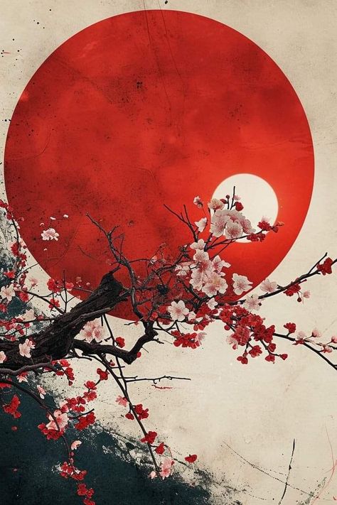 Red Moon Tattoo Designs, Red And Black Japanese Aesthetic, Chinese Culture Aesthetic, Pixel Art Landscape, Zen Painting, Watercolor Architecture, Japanese Art Prints, Asian Painting, Japan Aesthetic