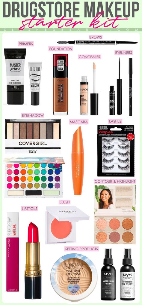 New to the world of drugstore makeup? Here's a list of products to build a drugstore makeup starter kit and begin your collection! Makeup Essentials For Beginners, Makeup Shopping List, Make Up Kits, Mac Velvet Teddy, Makeup Shopping, Makeup Starter Kit, Blush Lipstick, Best Drugstore Makeup, Makeup List