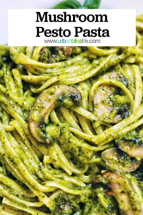 This Mushroom Pesto Pasta is a delicious vegan pasta that you can cook in less than 30 minutes. Get the easy pasta recipe at UrbanBlissLife.com. Pesto And Mushroom Pasta, Vegan Pesto Pasta Recipes, Pesto Pasta With Mushrooms, Vegan Creamy Pesto Pasta, Pesto Pasta With Vegetables, Mushrooms Pasta Recipes, Pesto Dinners, Pesto Mushroom Pasta, Pesto Veggie Pasta