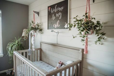 A lovely nursery full of boho farmhouse chic Nursery With Gray Crib, Grey Boho Nursery, Gray Crib, Girl Nurseries, Boho Baby Girl Nursery, Botanical Nursery, Lavender Nursery, French Nursery, Boho Baby Nursery