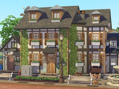 Sims 4 — German Half Timbered House // no CC by Flubs79 — here is my German Half Timbered House its a cozy and rustik home for your Sims it has 3 bath and 2 bedrooms the size of the lot is 20 x 15 Half Timbered House, Sims 4 No Cc, The Sims 4 Lots, German Houses, Sims 4 Speed Build, Bloxburg Ideas, Sims 4 House Design, Casas The Sims 4, Weekend House