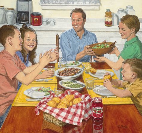 Family dinnertime illustrated by Charles Pyle. The importance of eating together cannot be understated. Not only is it an opportunity to de-stress and catch up with our loved ones, but family dinners also build relationships and help kids do better in school too. #painting #dinnertime #familydinner Eating Together, Nature Projects, Family Lunch, Scene Drawing, Family Drawing, Build Relationships, Animation Art Sketches, Family Painting, Family Eating