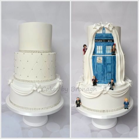 Dual sided Dr Who wedding cake. Handpainted tardis with Lego men on the back. Swags, quilting and diamanté at the front. 2 Sided Wedding Cake, Dr Who Wedding Cake, Tardis Wedding Cake, Dr Who Wedding Ideas, Dr Who Cake, Doctor Who Cakes, Dr Who Wedding, Lego Men, Doctor Who Wedding