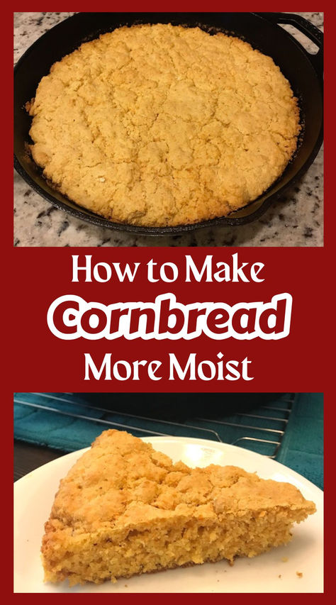 skillet with whole cornbread and plate with slice of cornbread Cornbread Moist, Moist Cornbread Recipe, Cornbread Fritters, Super Moist Cornbread, Cornmeal Cornbread, Southern Style Cornbread, Easy Cornbread Recipe, How To Make Cornbread, Moist Cornbread