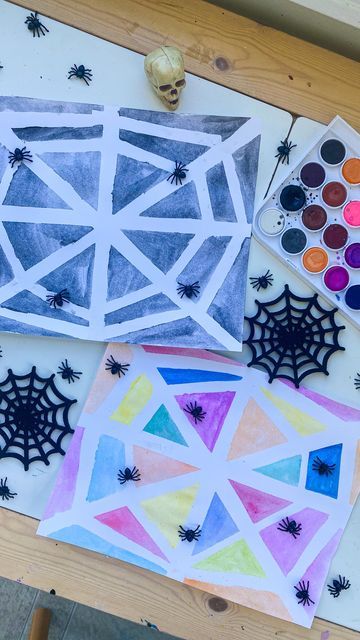 Kids Craft and Learning Page on Instagram: "Tape Resist Webs 🕷🕸 follow @abcdeelearning for more kids crafts 🖤Use colored masking tape to make spider webs! 🕸Place the tape down on card stock paper in a web shape 🕷Use watercolors to paint the white parts of the paper 🕸Slowly peel up the tape to reveal the web!" Letter S Crafts, Masking Tape Art, Spider Web Craft, Tape Projects, Bear Halloween, Tape Painting, Halloween Preschool, Spider Art, Art Web