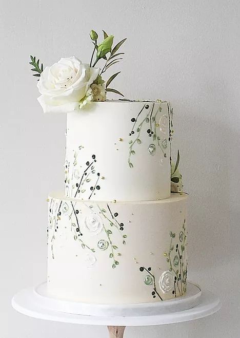 Greenery Painting, Cream Colored Wedding Dress, Soul Cake, Floral Cake Topper, White Winter Wedding, Colored Wedding Dress, Rose Cake, Painted Cakes, Cake Gallery