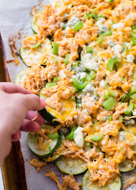 Buffalo Chicken Zachos (Zuchinni Nachos) - Boys Ahoy Zucchini Nachos, Buffalo Chicken Zucchini, Cheesy Buffalo Chicken, Buffalo Chicken Nachos, Spiced Zucchini, Homemade Nachos, Food Types, Chicken Zucchini, Zucchini Chips