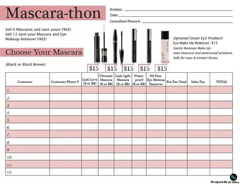 Mascara-thon Tracking Sheet by QT Office Mary Kay Fundraiser, Mary Kay Tracking, Mary Kay Opportunity, Mary Kay Office, Mary Kay Career, Mary Kay Gifts, Selling Mary Kay, Mary Kay Marketing, Mary Kay Party