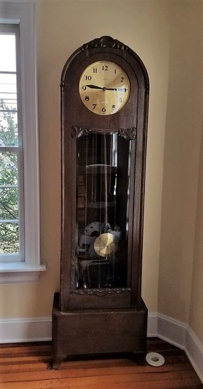 Working Mauthe grandmother clock w/ convex glass face, beveled glass hinged-locking door, brass pendulum & weights, hardwood cabinet w/ scroll work, instruction guide, overall 23"Wx11"Dx78"T. Nice sound, good working cond. Grandmother Clocks, Brass Pendulum, Antique Clocks For Sale, Interior Architecture Sketch, Grandmother Clock, Antique Grandfather Clock, Grandfather Clocks, Cute Clock, Entryway Inspiration