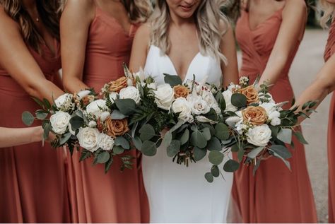 White and toffee rose wedding bouquet with silver dollar eucalyptus. White And Toffee Rose Bouquet, Toffee Rose Wedding Bouquet, Toffee Roses Wedding Bouquet, Toffee Rose Wedding, Toffee Roses Wedding, Toffee Rose Bouquet, Grace Jackson, Toffee Rose, Peach Weddings