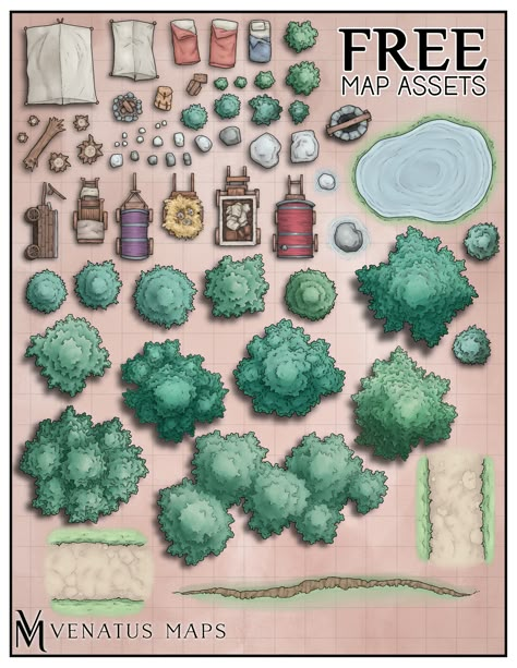 We hit a goal on Patreon, so here's a free pack of 85+ map assets! Map Assets, Dnd Crafts, Fantasy Map Making, Map Symbols, Dungeon Tiles, Dnd World Map, Fantasy World Map, Map Icons, Map Maker